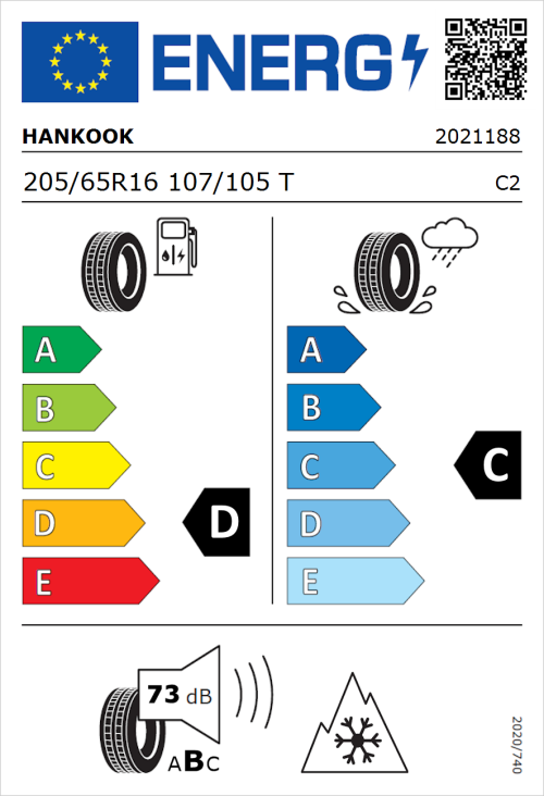 Tyre Label for Hankook Vantra ST AS2 RA30 205/65R16 107/105T
