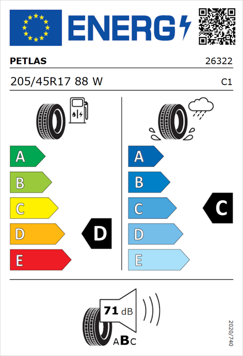 Tyre Label for Petlas Velox Sport PT741 205/45R17 88W