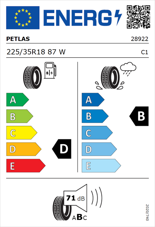 Tyre Label for Petlas Velox Sport PT741 225/35R18 87W