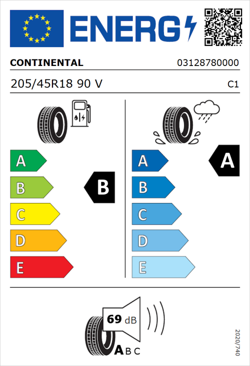 Tyre Label for Continental UltraContact 205/45R18 90V