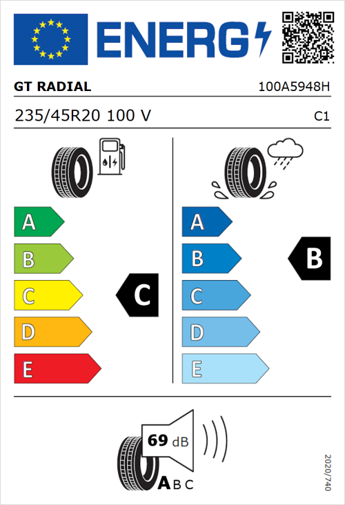 Tyre Label for GT Radial TouringActive 235/45R20 100V