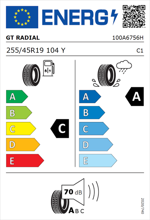 Tyre Label for GT Radial SportActive 2 Evo 255/45R19 104Y