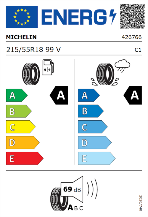 Tyre Label for Michelin Primacy 5 Energy 215/55R18 99V