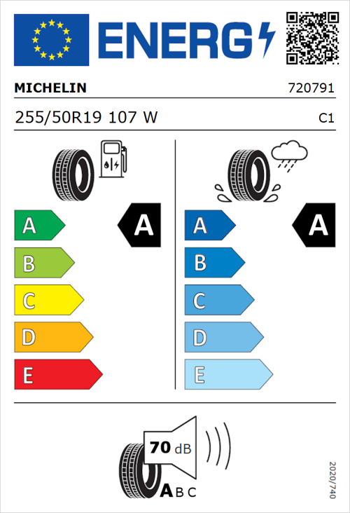 Tyre Label for Michelin Primacy 5 Energy 255/50R19 107W