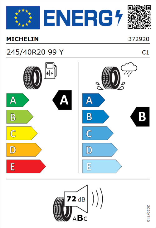 Tyre Label for Michelin Primacy 5 Energy 245/40R20 99Y
