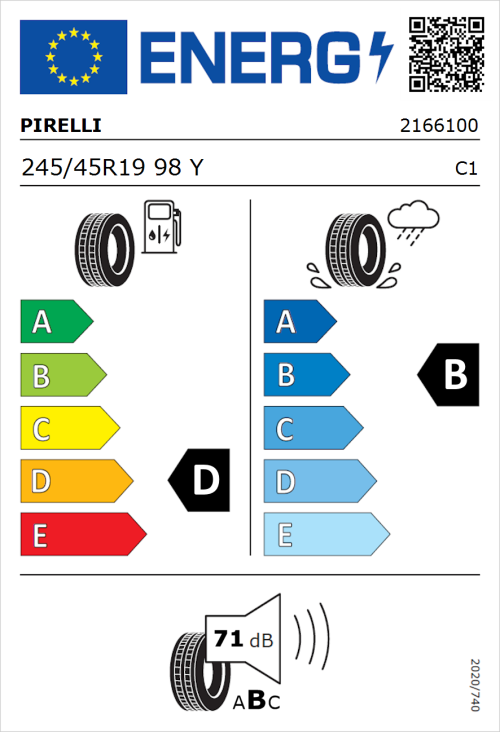 Tyre Label for Pirelli P Zero 245/45R19 98Y