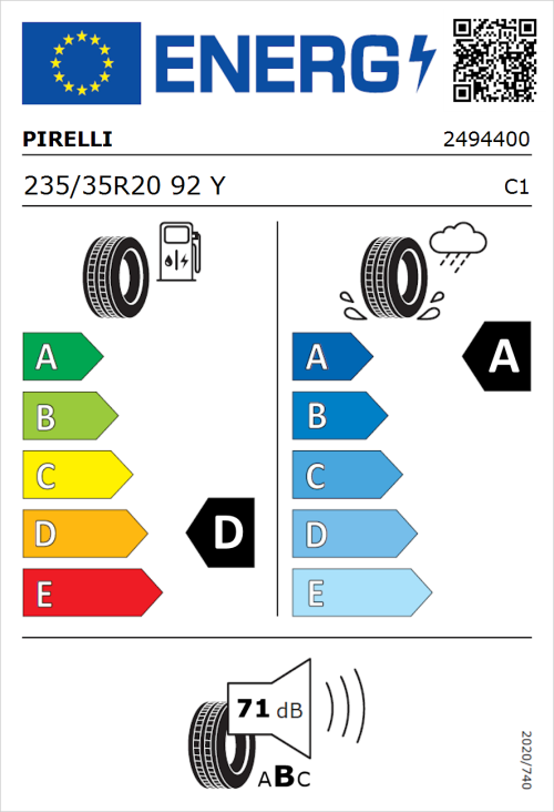Tyre Label for Pirelli P Zero 235/35R20 92Y