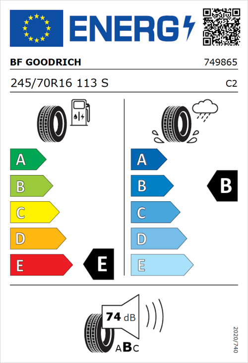 Tyre Label for BF Goodrich All Terrain T/A KO2 RWL 245/70R16 113S