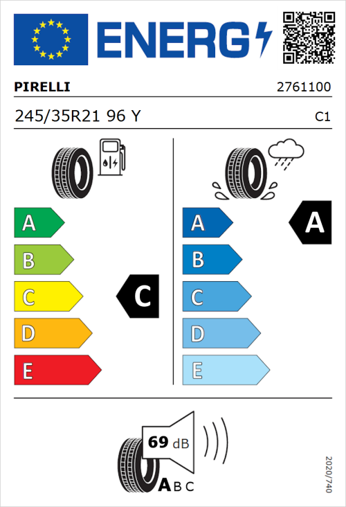 Tyre Label for Pirelli P Zero 245/35R21 96Y