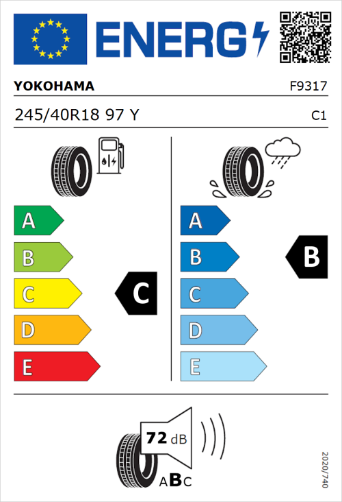 Tyre Label for Yokohama V105 245/40R18 97Y